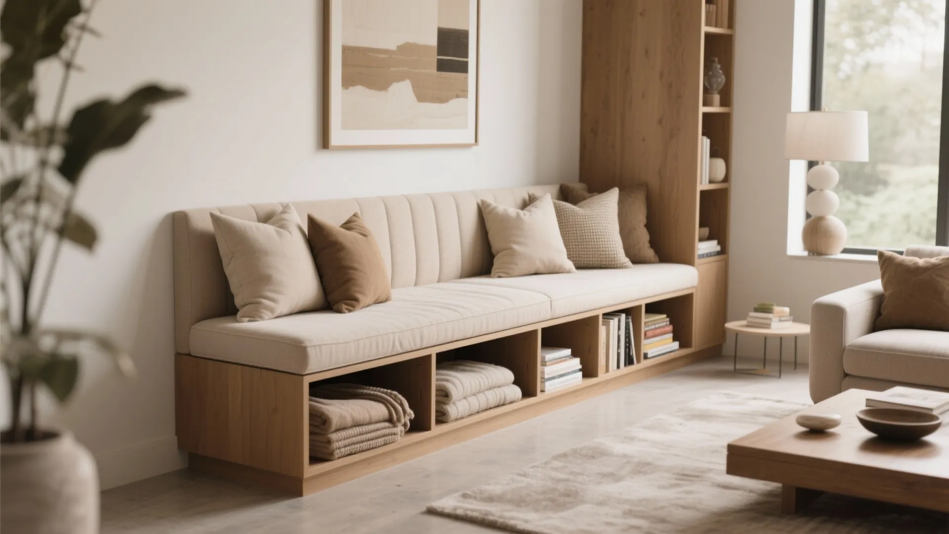 Long wooden storage bench with beige cushions and pillows next to a tall book cabinet