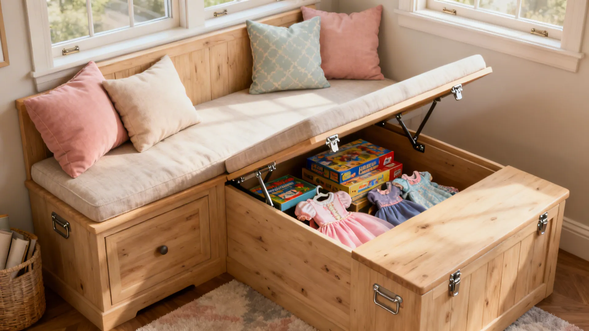 Cozy reading nook with a lift-up storage bench containing board games and dress-up items.