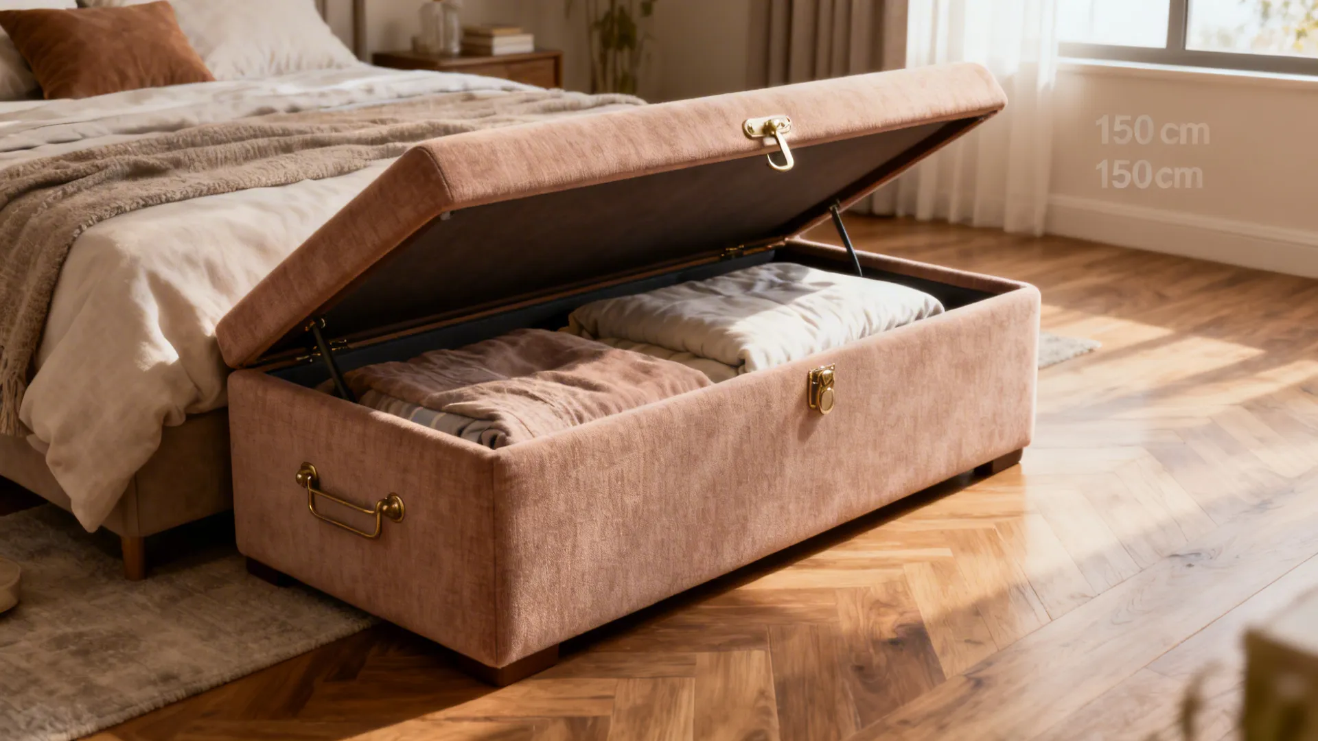 Upholstered storage bench with open hinged top storing bedding at bed end