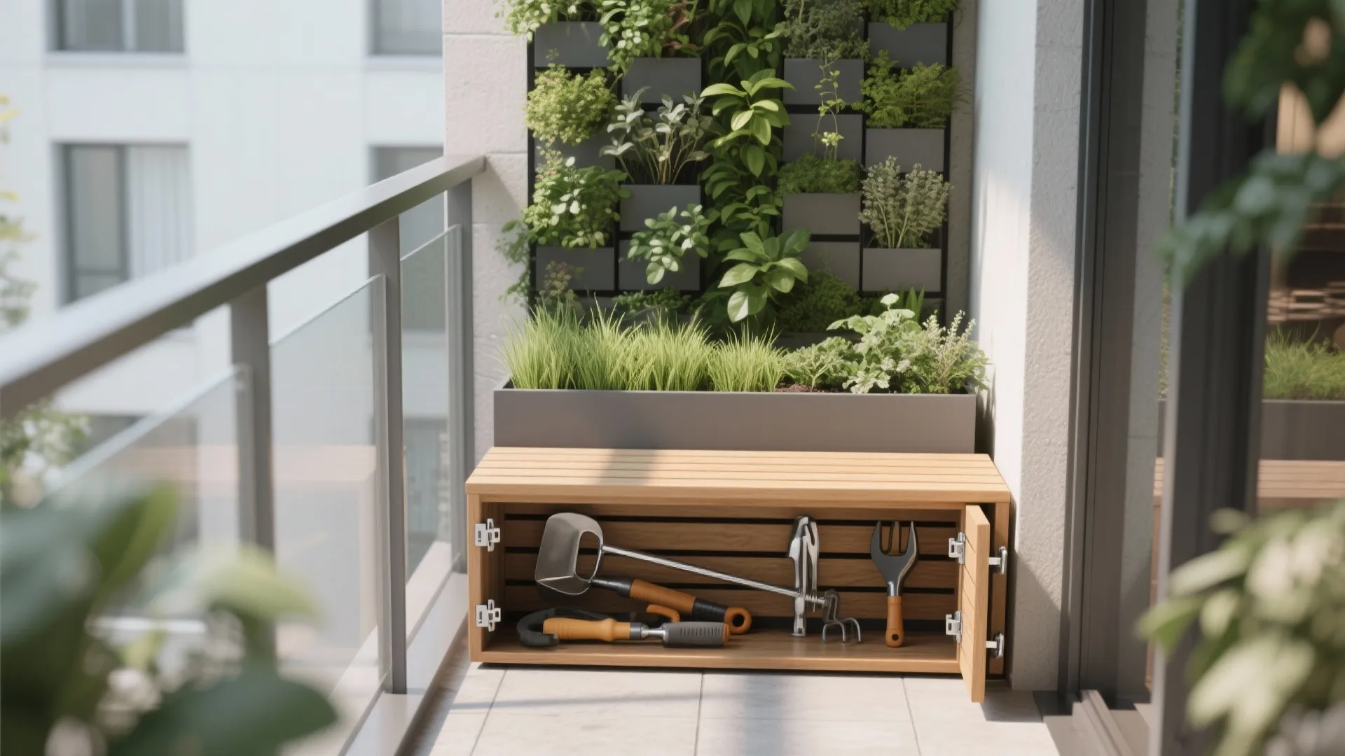 5) Storage Benches with Integrated Planter Tops