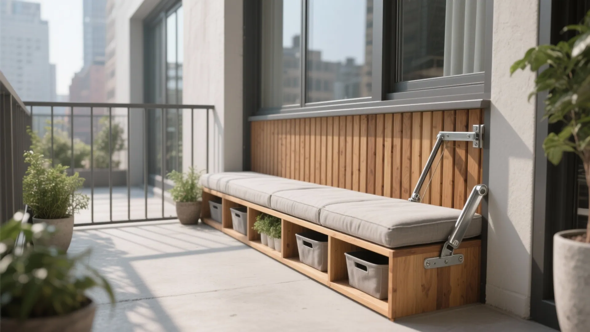 Bench with hidden storage, sized to the rail