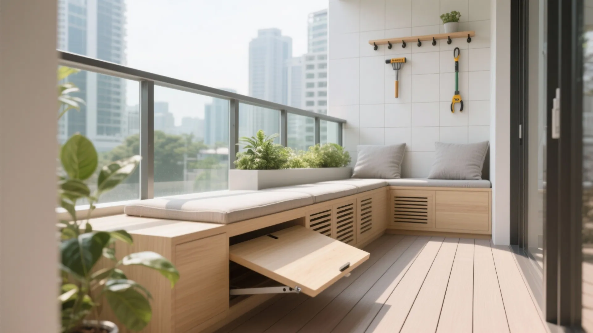 Bright balcony featuring wooden storage bench with grey cushions wall tools and glass railing view