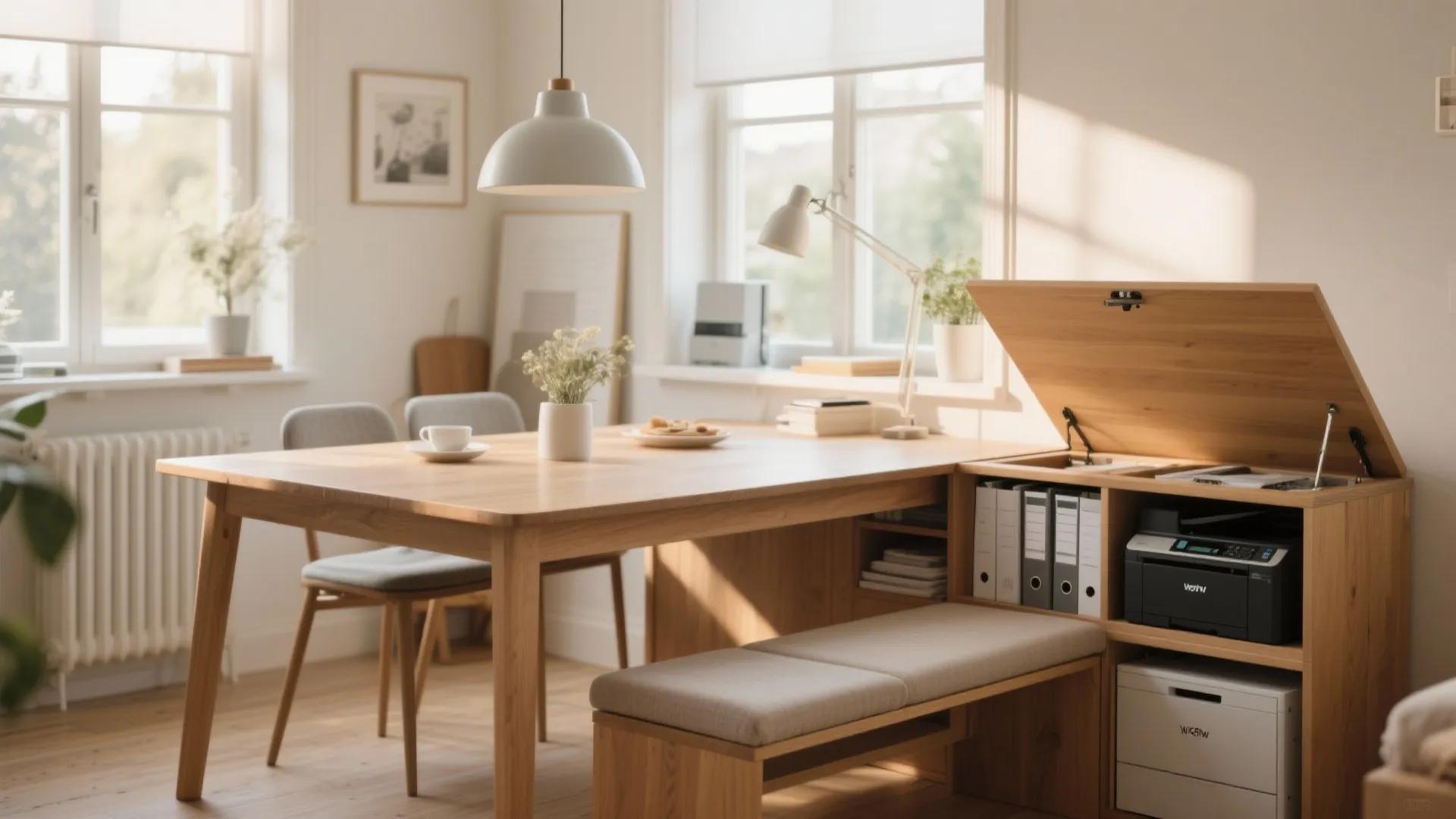 Wooden dining table with storage bench showing a printer and files inside a hidden cabinet