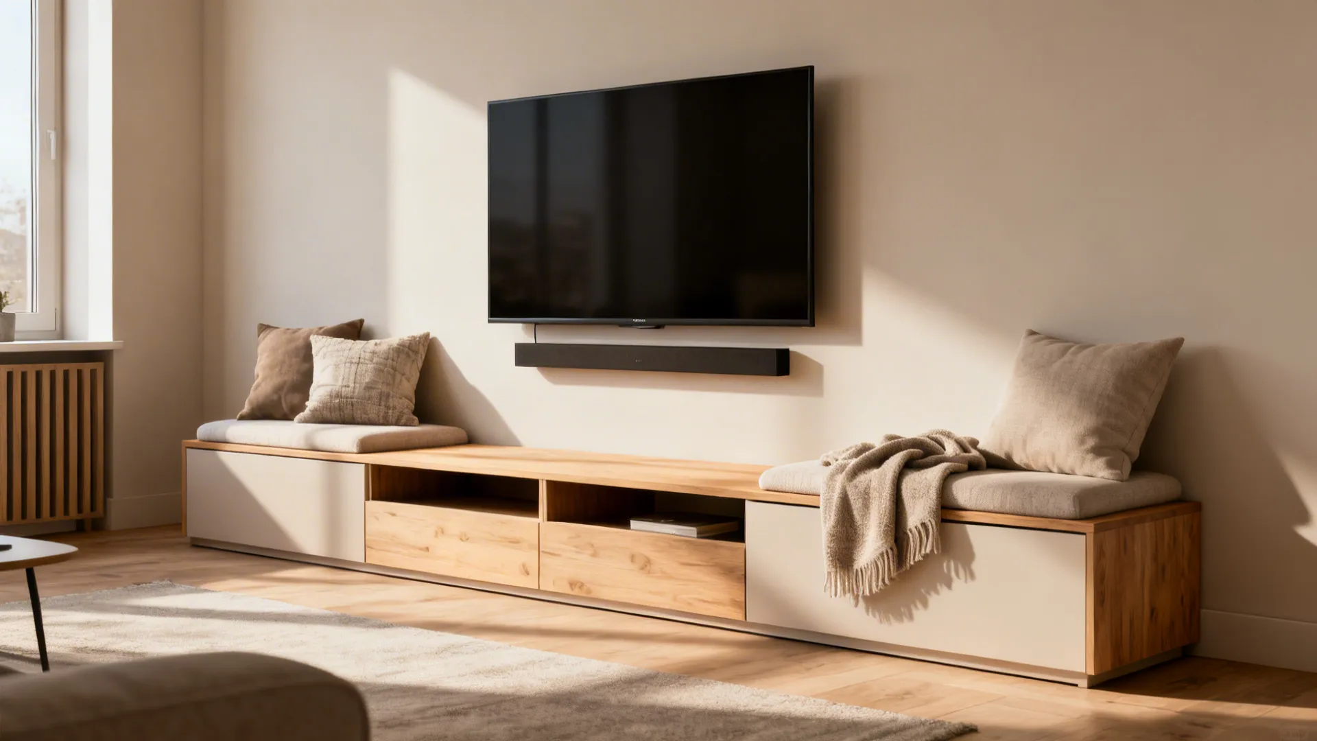 Multi-functional storage bench doubling as a TV stand and seating in a small studio.