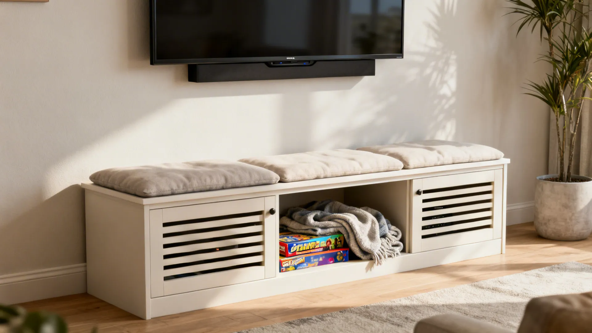 Storage bench under a TV with slatted fronts for ventilation and seating cushions on top.