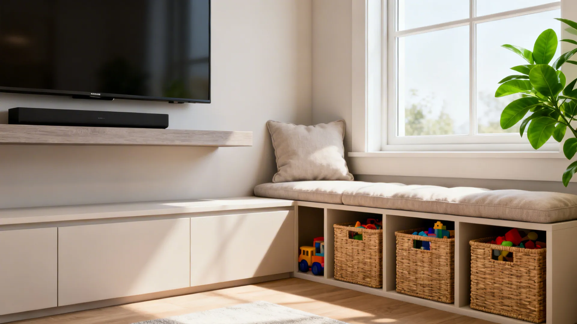 Storage bench under window with floating TV shelf above, showcasing multifunctional small-space furniture.
