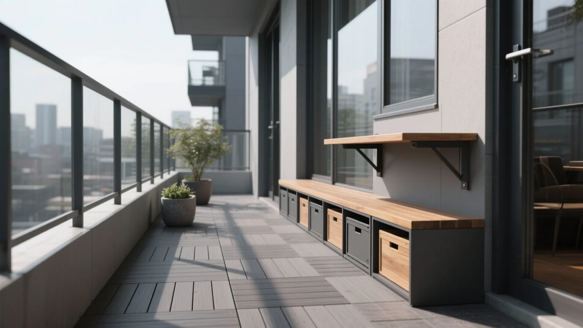 Long wooden balcony bench with storage boxes wall shelf grey floor tiles and glass railing view