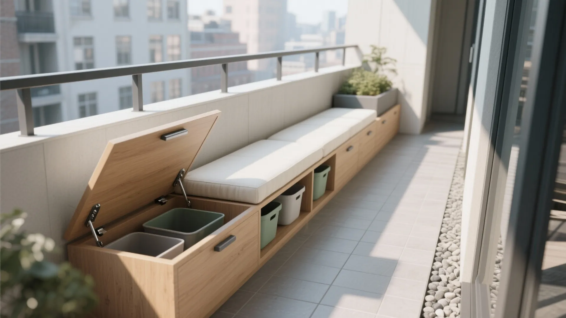 Minimalist Balcony Storage With Hidden Seating