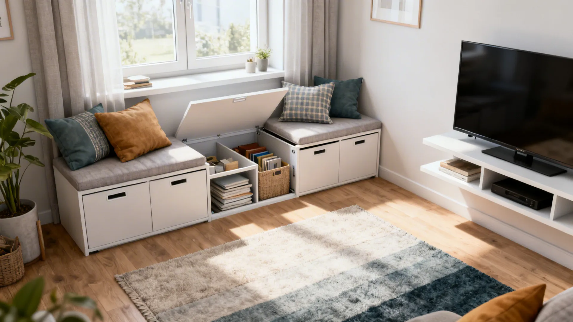 Window bench with hidden storage and cushions in a compact living room with neat organization.
