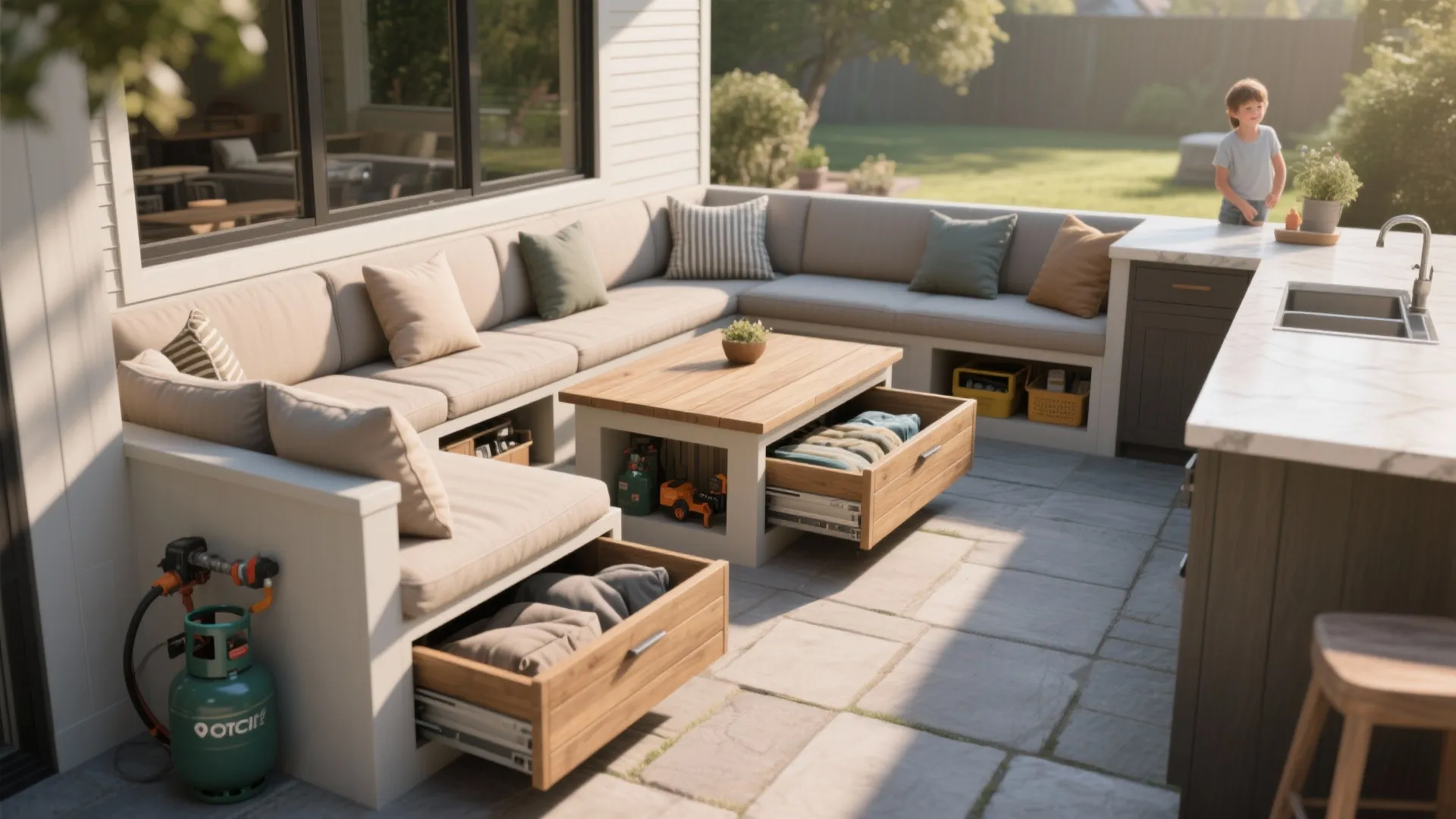 Outdoor patio seating area featuring a large corner sofa with built-in wooden storage drawers underneath