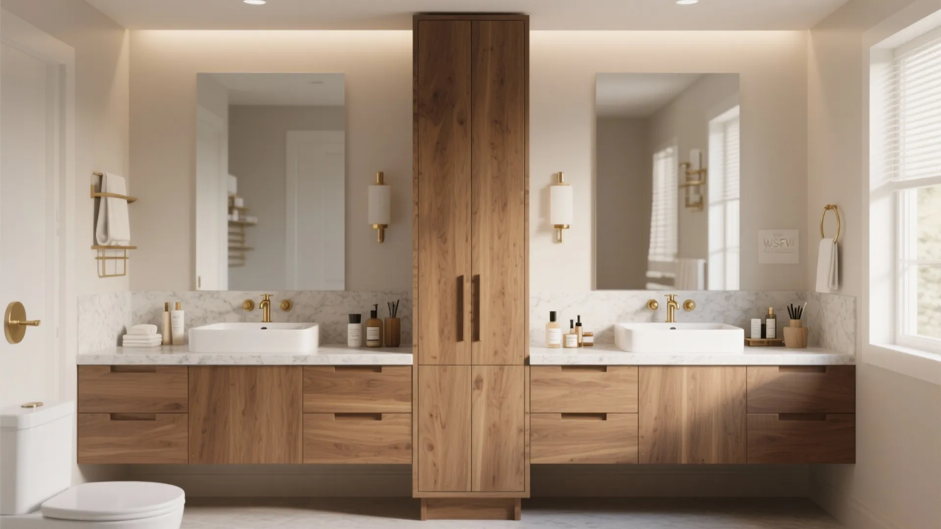Wooden bathroom cabinet with a tall middle storage unit placed between two white square sinks