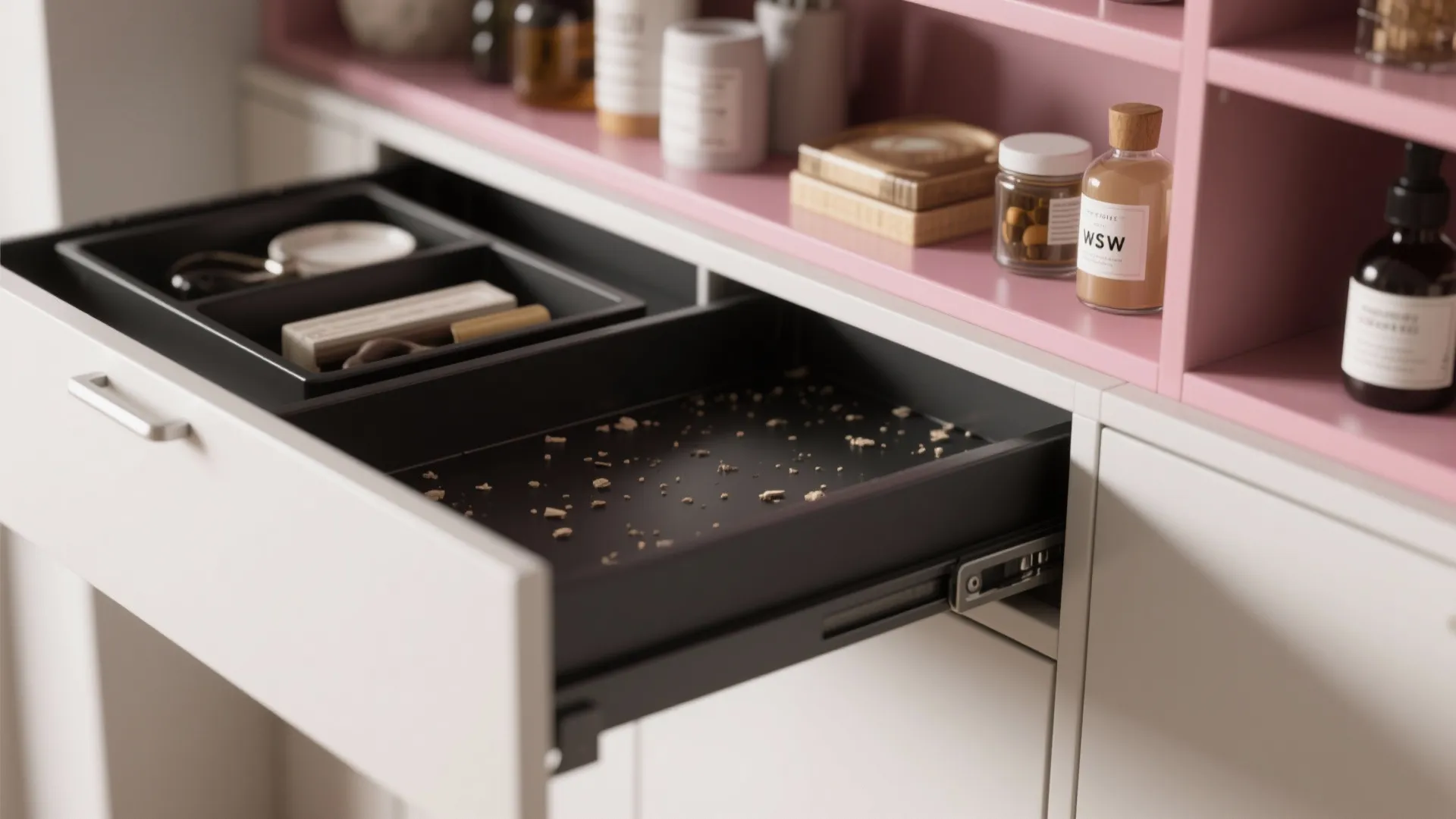 Open white cabinet drawer with black plastic storage trays inside and bottles on pink shelf