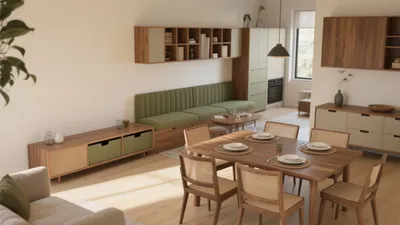 Modern Dining & Living Space with Green Accent Seating