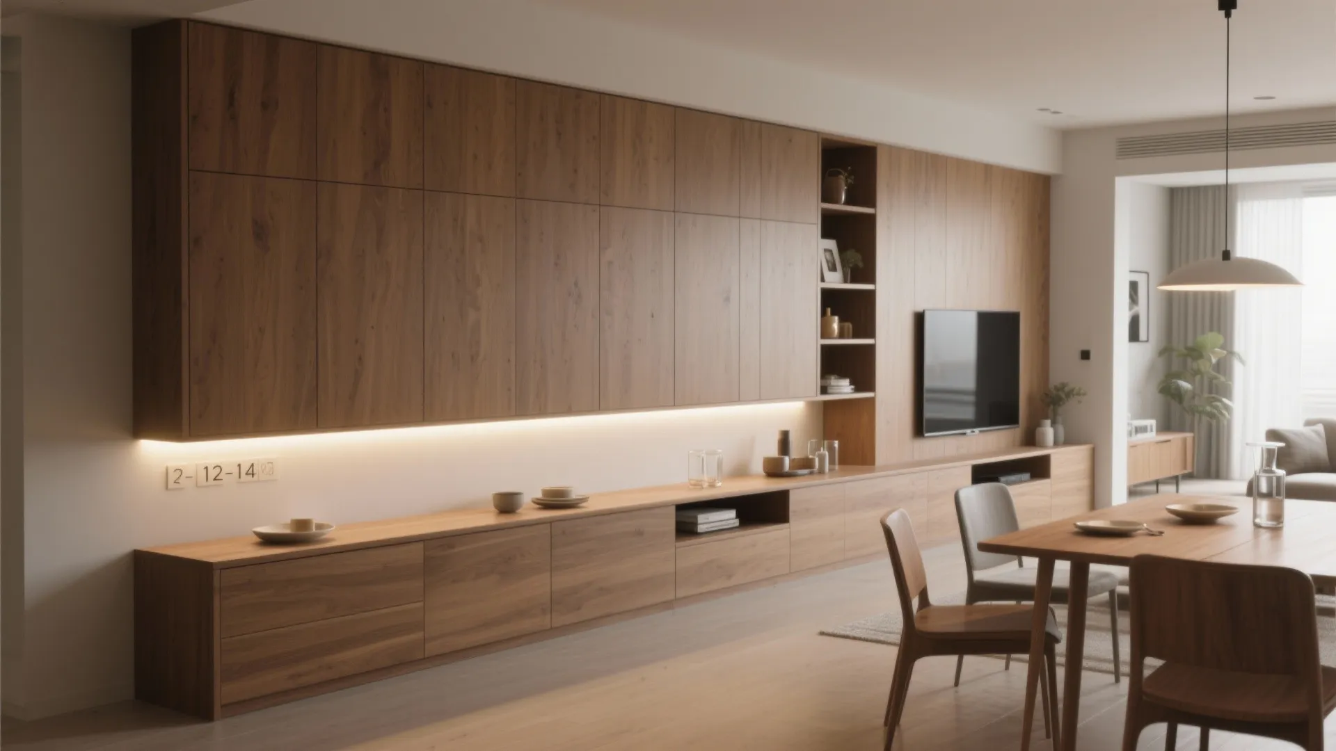 One long storage wall with a narrow buffet console