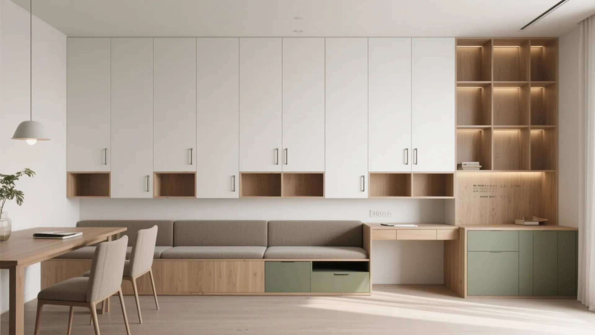 Minimalist dining room with white storage wall and built in wooden desk with bench seating