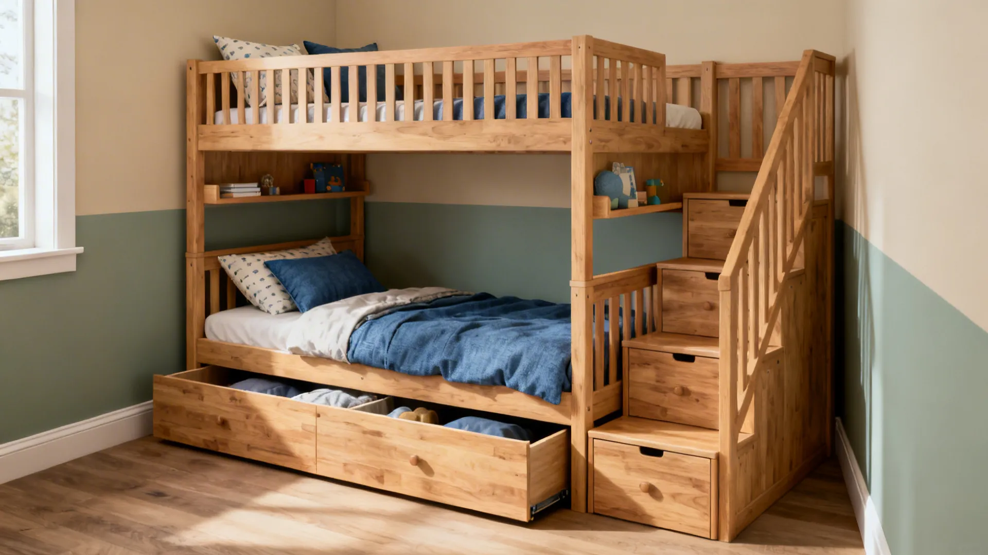 Natural wood bunk bed with drawer steps and under-bed trundle in a shared kids room.