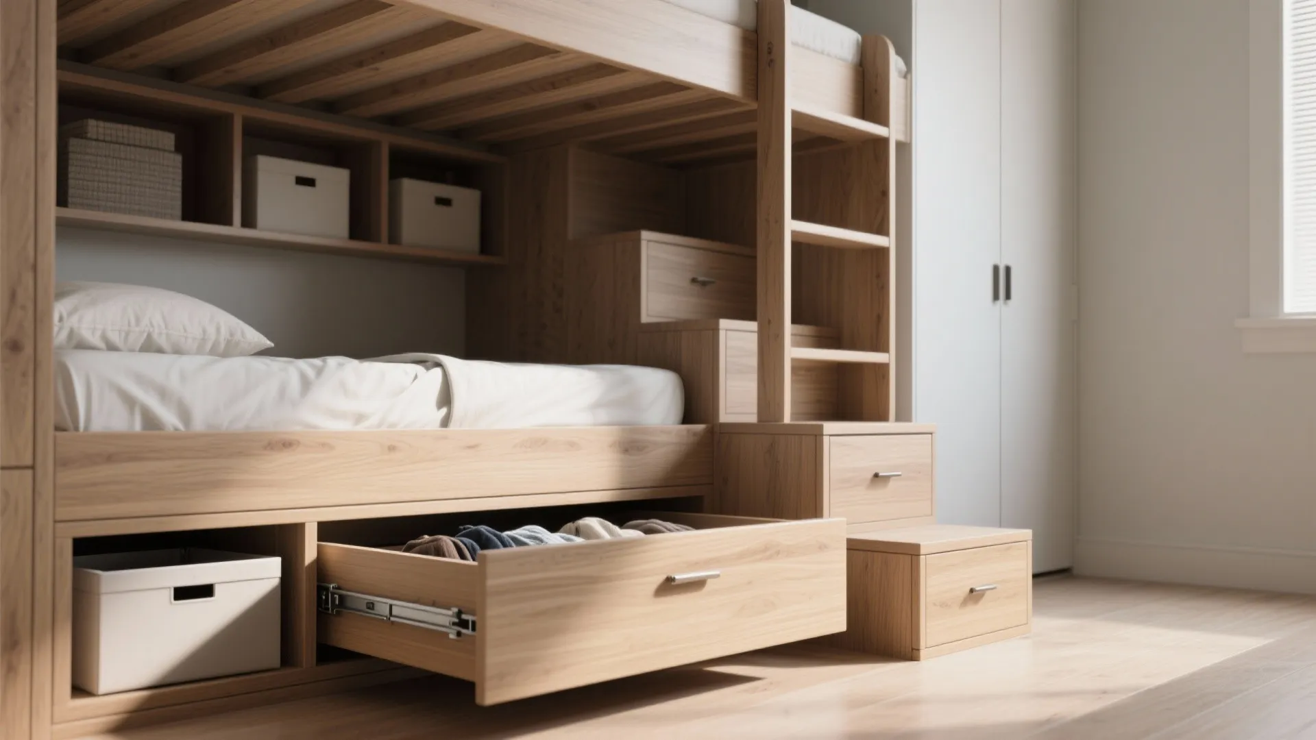 Close up of wooden bunk bed stairs featuring built in storage drawers for organized bedroom