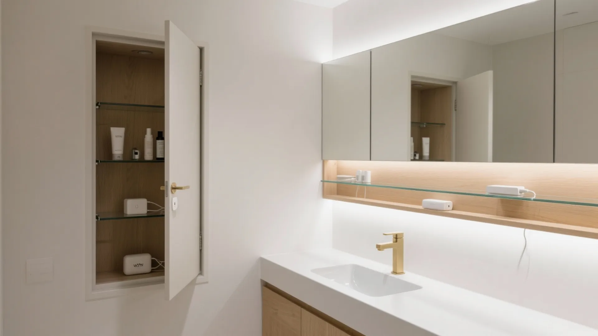 Minimalist bathroom featuring wall recessed storage cabinet white counter gold faucet and large lighted mirror