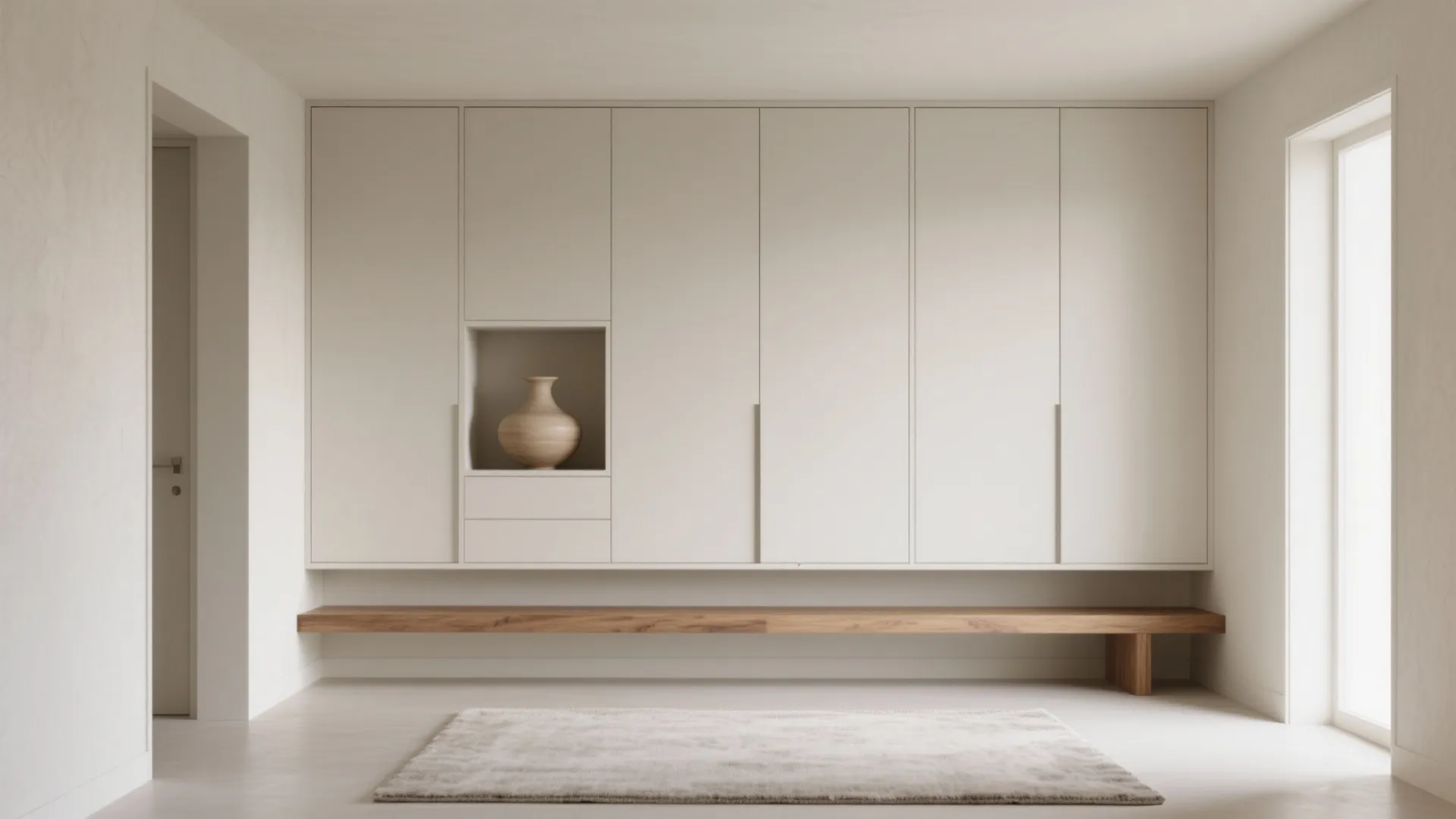 Minimalist white wall cabinet with wood bench and grey rug in a bright modern hallway