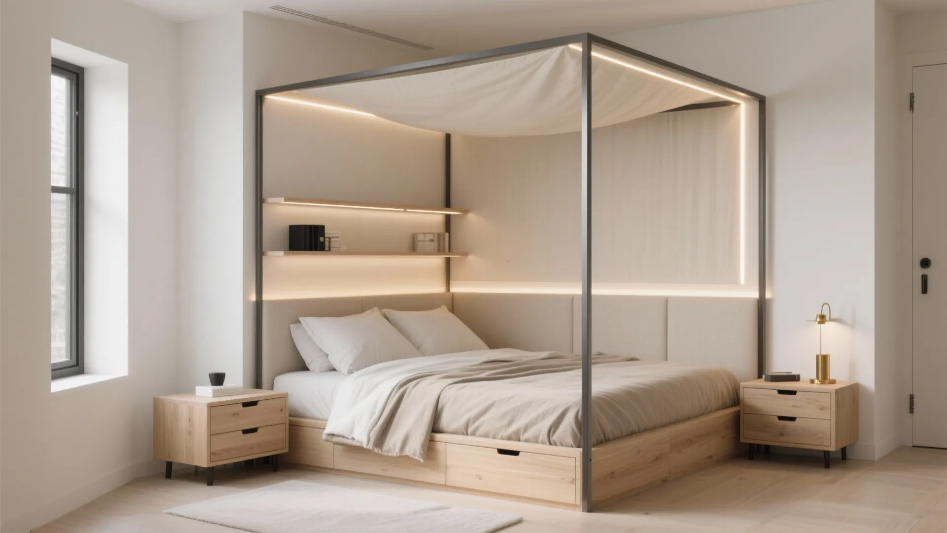 Slim canopy bed with built-in shelves, under-bed drawers, and warm LED perimeter lighting in a tidy studio.