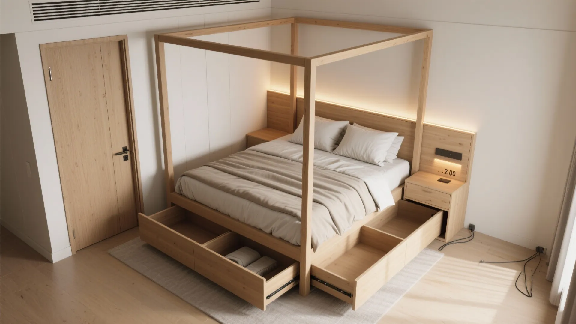 3) Storage-smart base and headboard niches