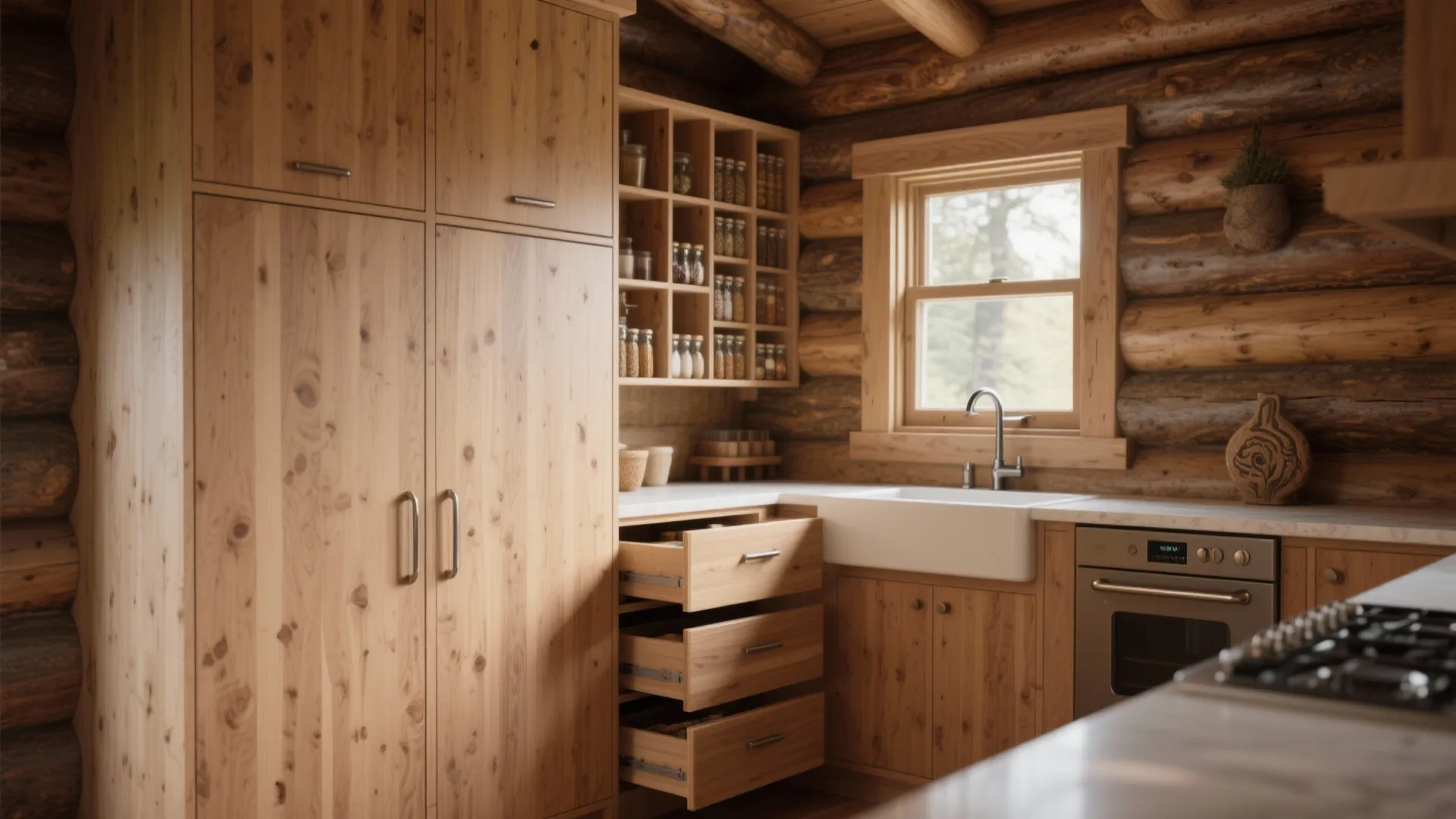Built-in minimalist storage in a log cabin kitchen with flush wood cabinets and pull-out pantries.
