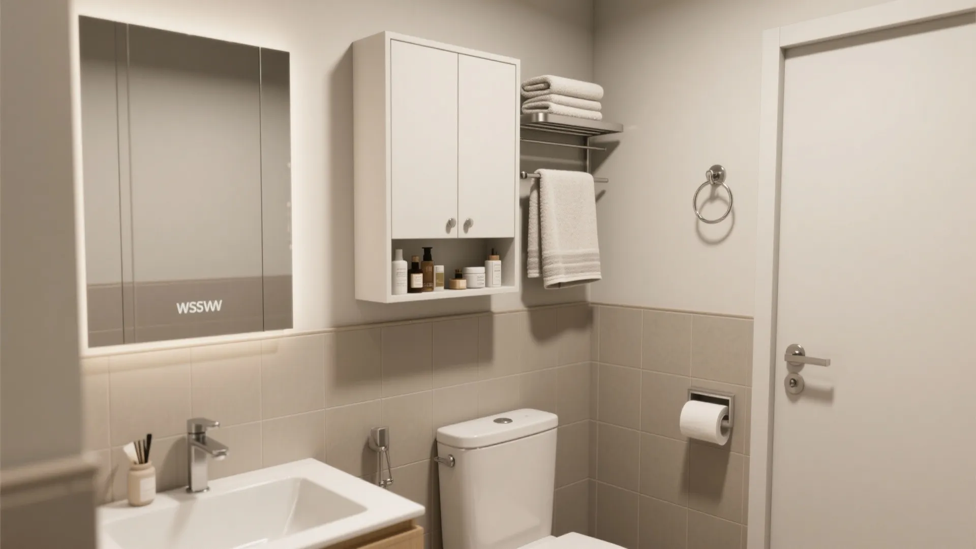 Modern bathroom with white wall cabinet mirror sink toilet paper holder and clean white towels