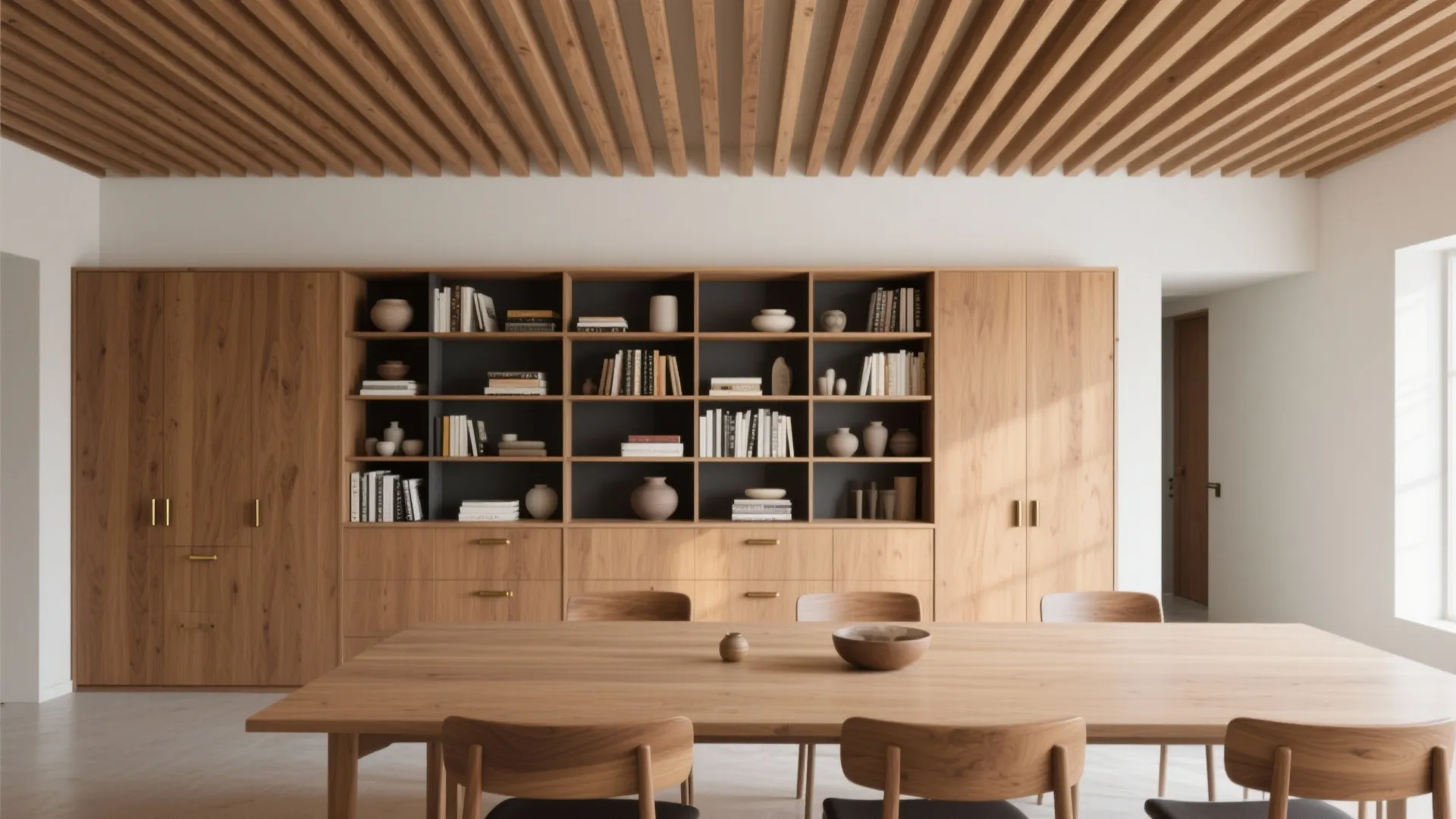 Modern dining room featuring large wooden table and built-in wall cabinet with many open shelves