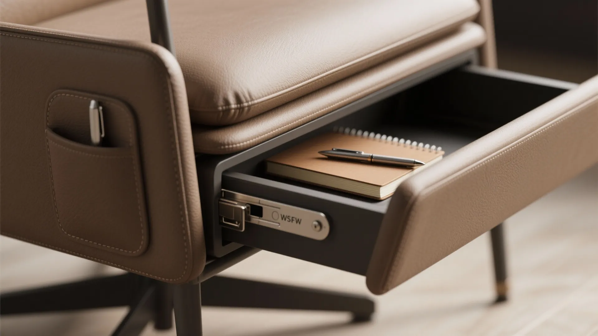 Brown leather office chair features a built-in storage drawer holding a notebook and a pen
