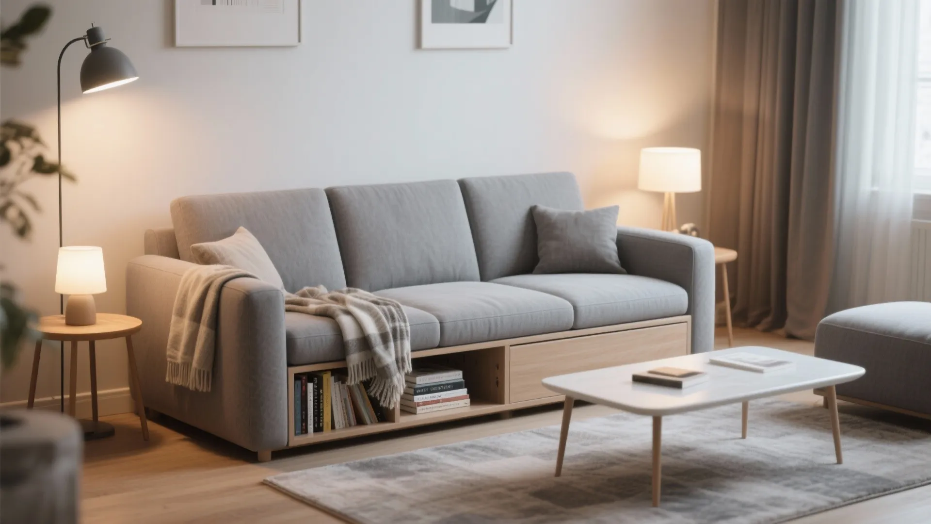 Modern grey sofa with built-in wooden storage shelf under seat in a bright clean living room