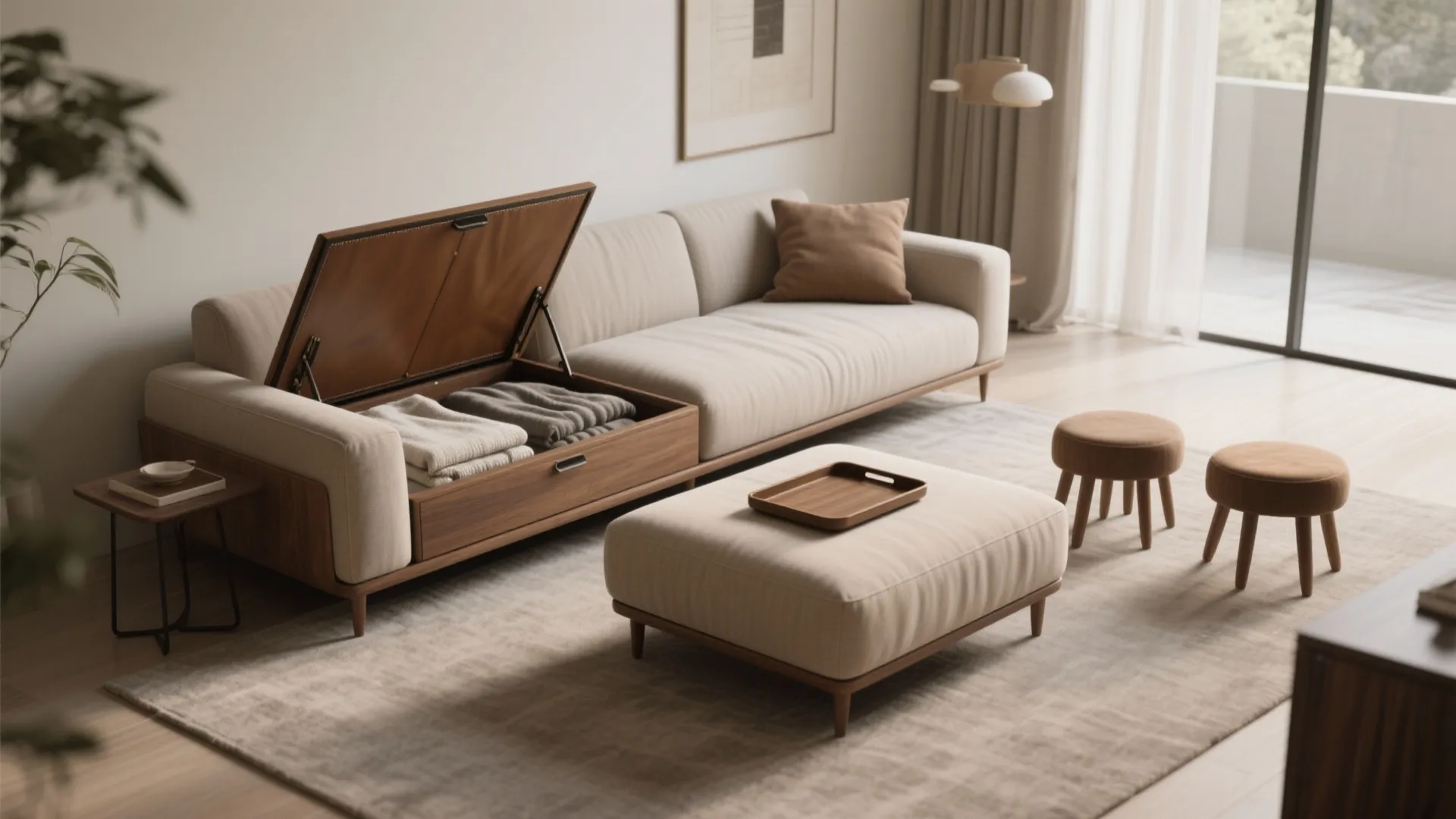 3) Multipurpose pieces: storage chaise + ottoman table