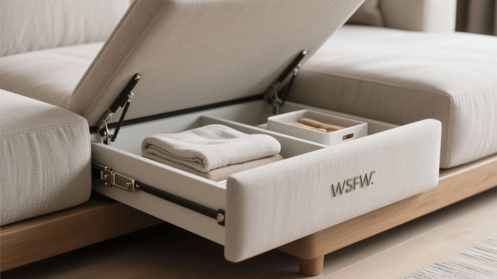 Close up of sofa with open storage drawer containing folded blankets and boxes wood frame