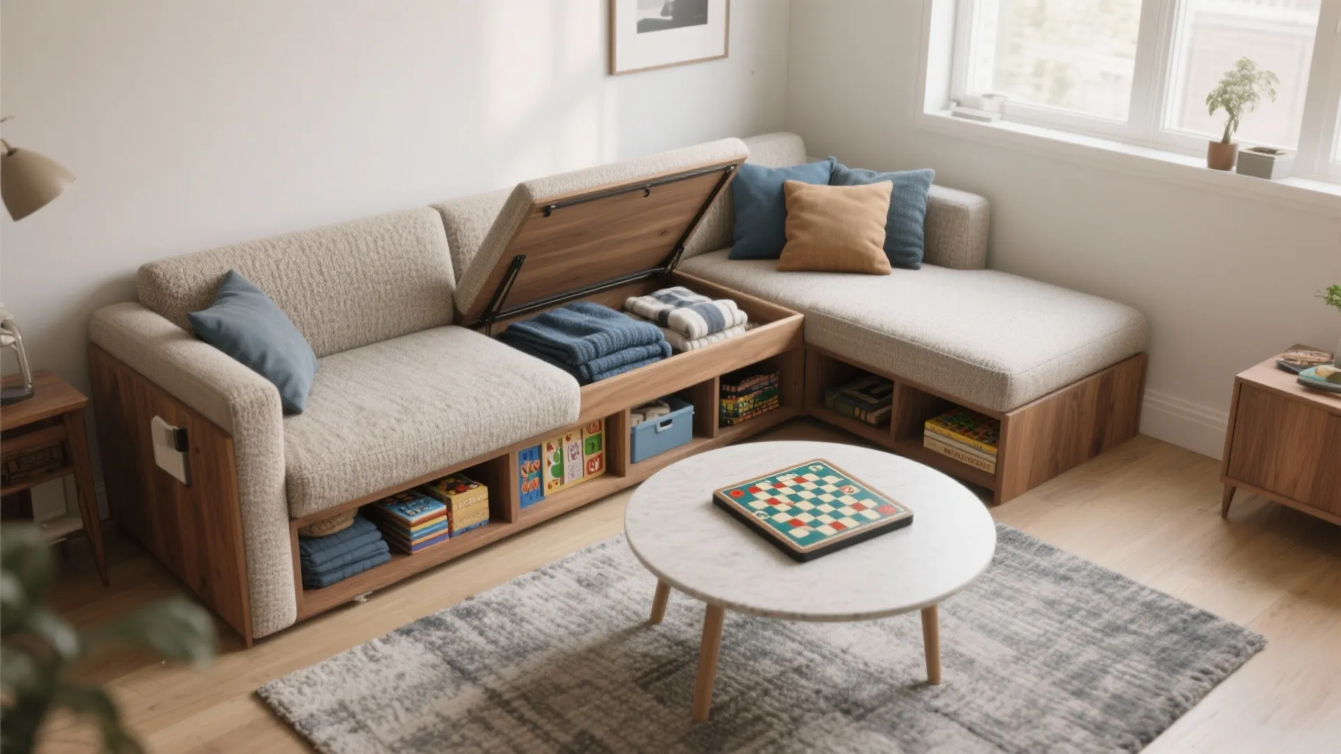 Storage-chaise L-shaped sofa for clutter control