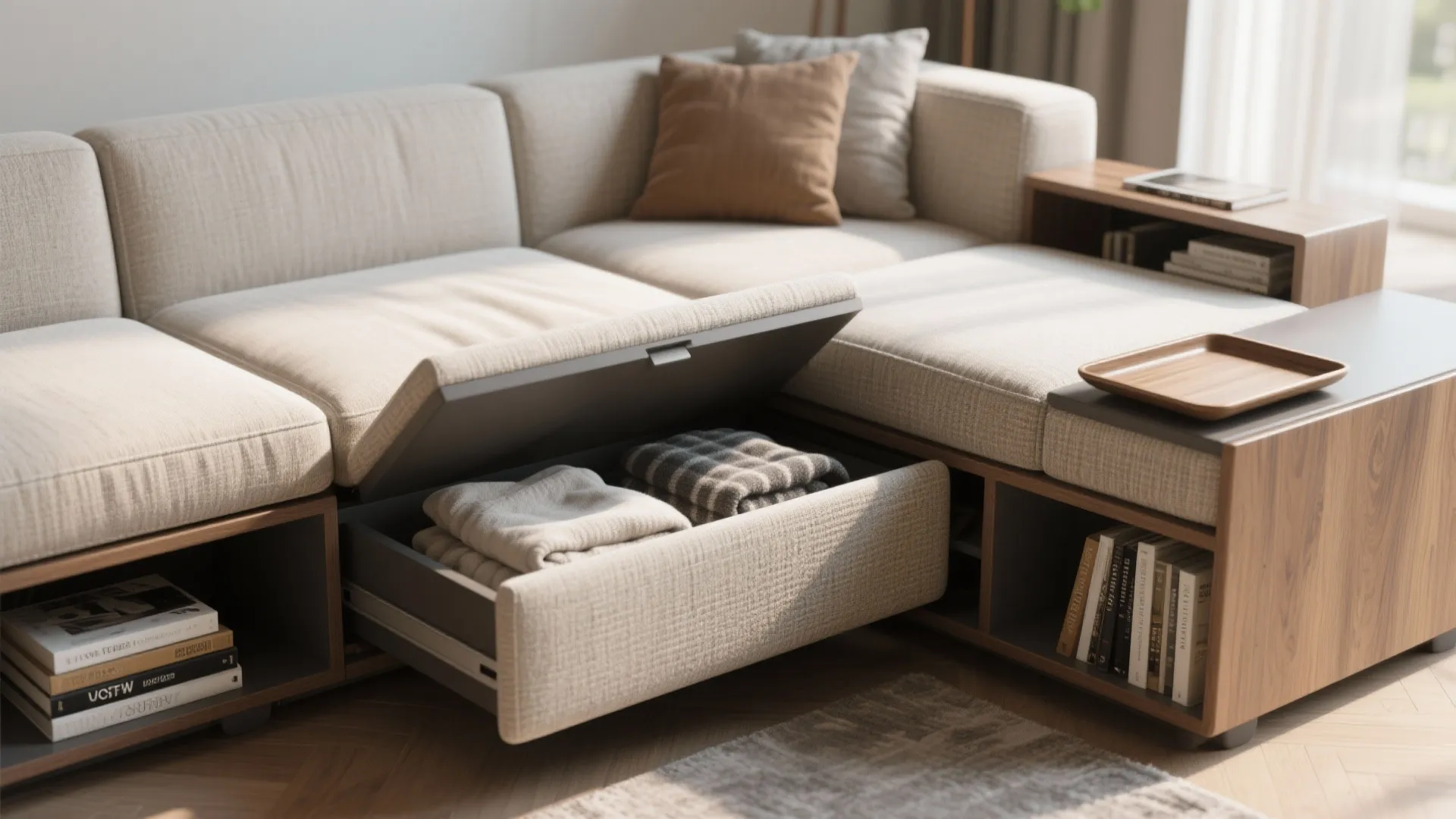 Modern beige sofa featuring a hidden storage drawer filled with blankets and a wooden shelf