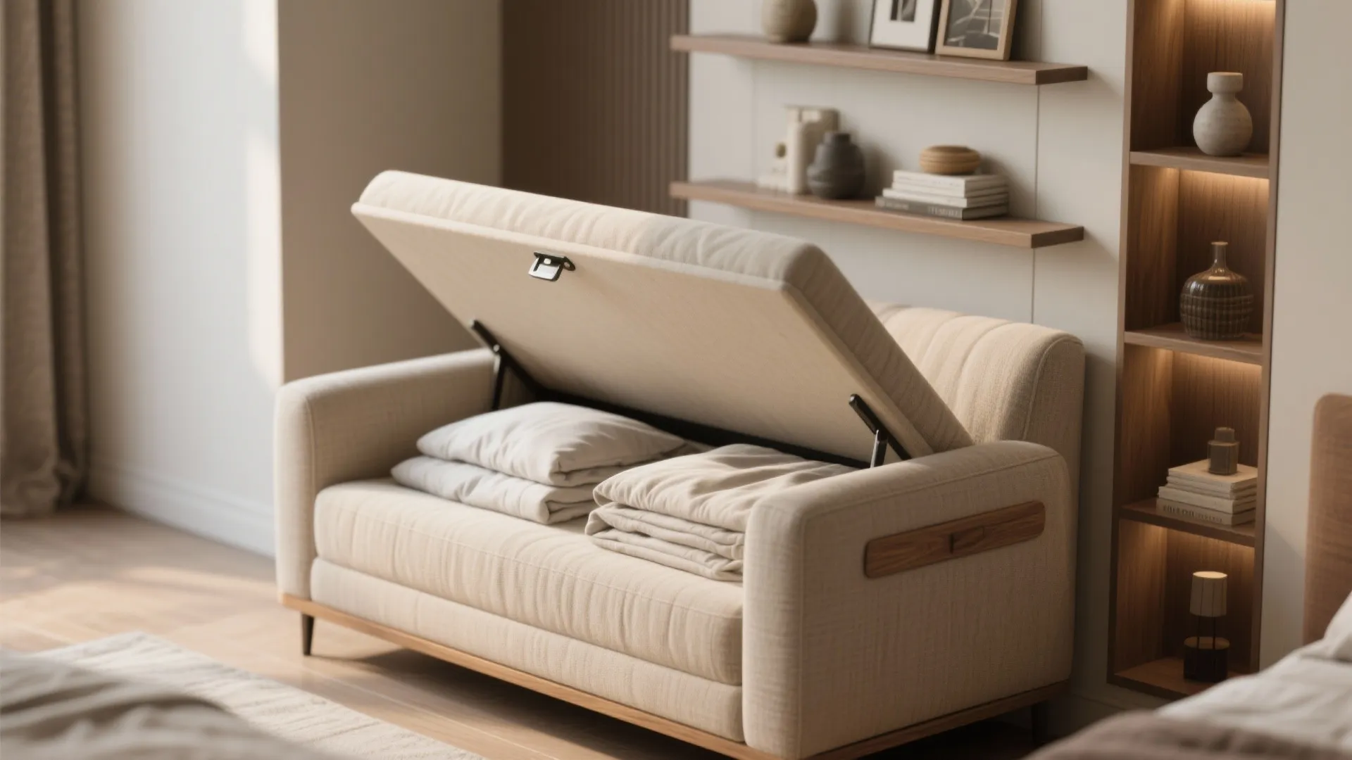 4. Dual-purpose trim: storage chaise and built-in shelves