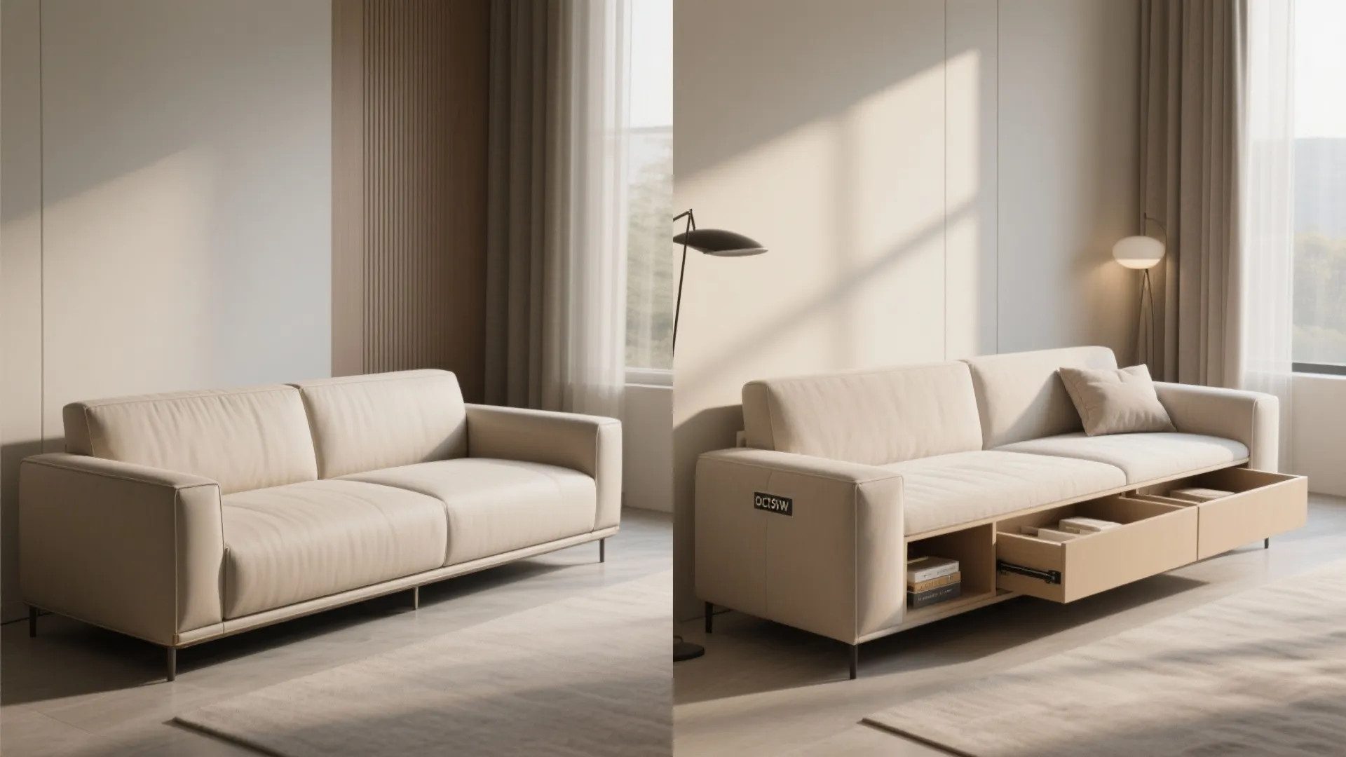 Comparison of a simple beige sofa versus the same sofa showing built-in wooden storage drawers