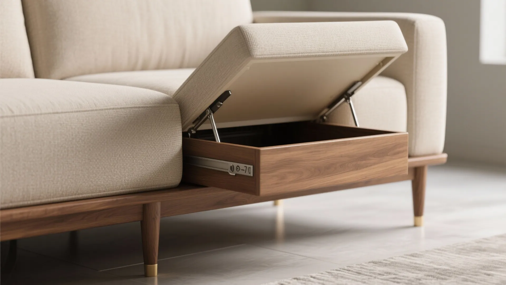 Beige sofa with wooden base featuring a hidden storage drawer being pulled out for space