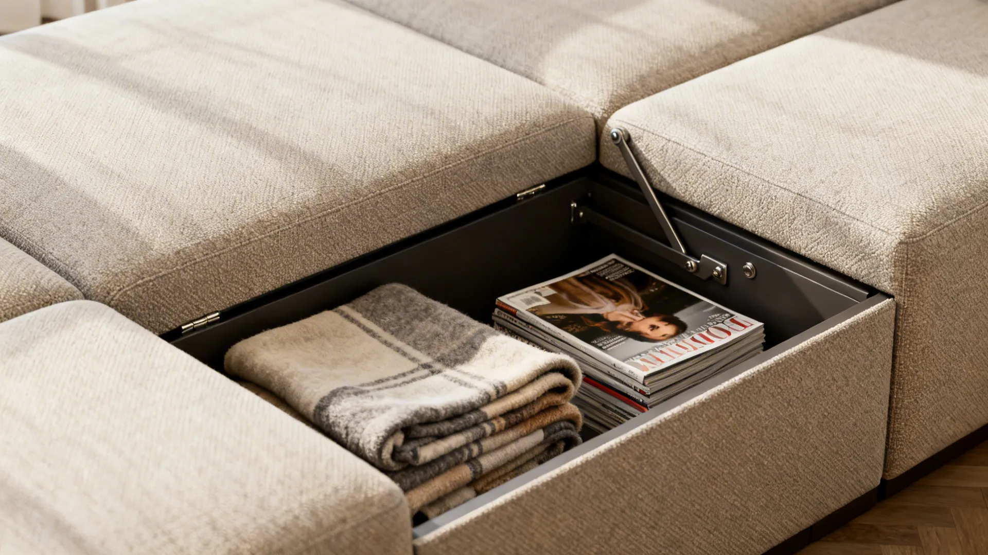 Storage chaise of a sectional open to reveal blankets and magazines, showing upholstery and mechanism.