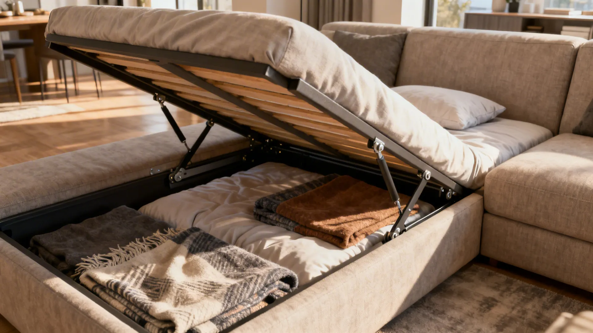 Close-up of a storage chaise integrated into an L-shaped sofa showing hidden bedding.