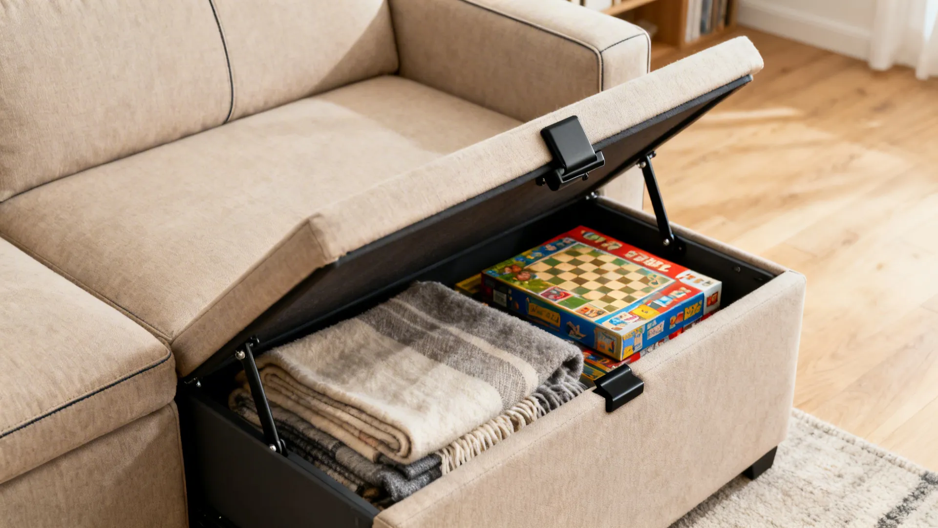Close-up of an L-shaped sofa’s storage chaise with soft-close hinge and neatly stored items.