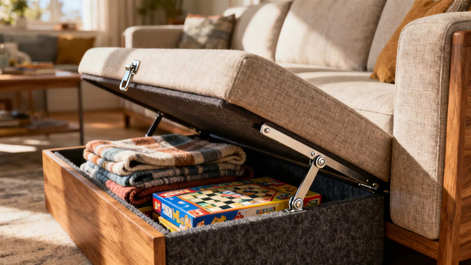 Macro detail of an L-shaped sofa’s storage chaise with gas-lift hinge and neatly stored blankets and games.