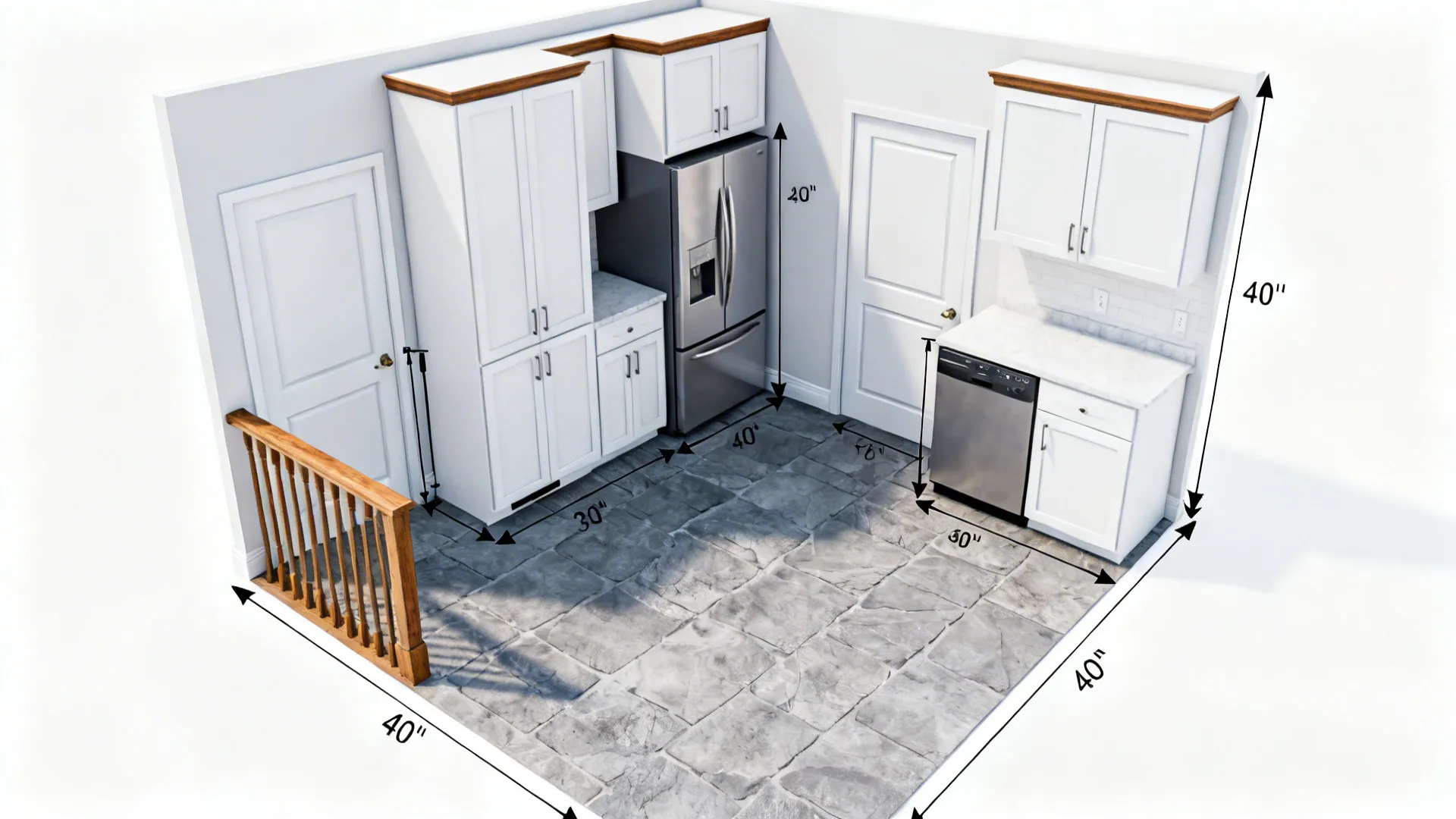Top-down plan of a compact kitchen showing appliance and pantry door clearances.