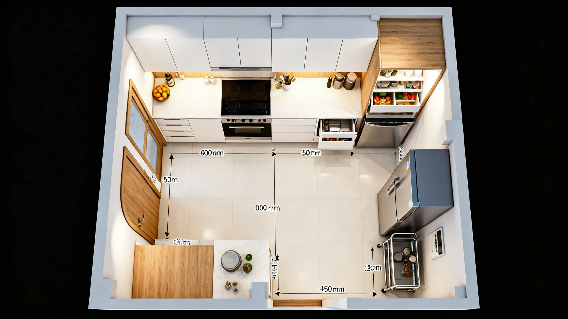 Top view of a small kitchen layout with white cabinets wooden doors and clear floor dimensions