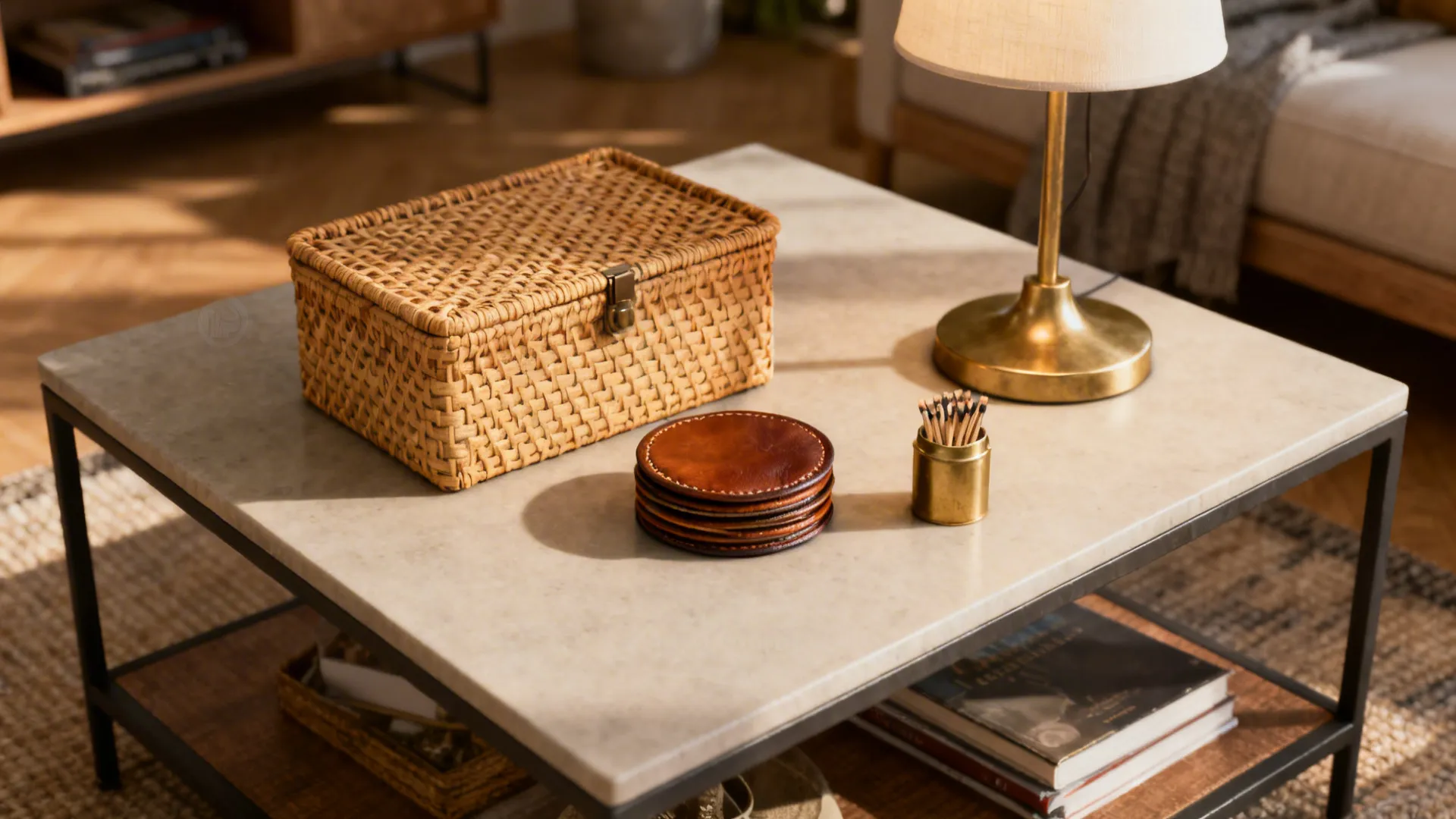 Coffee table with rattan storage box, coaster set and small lamp for practical styling