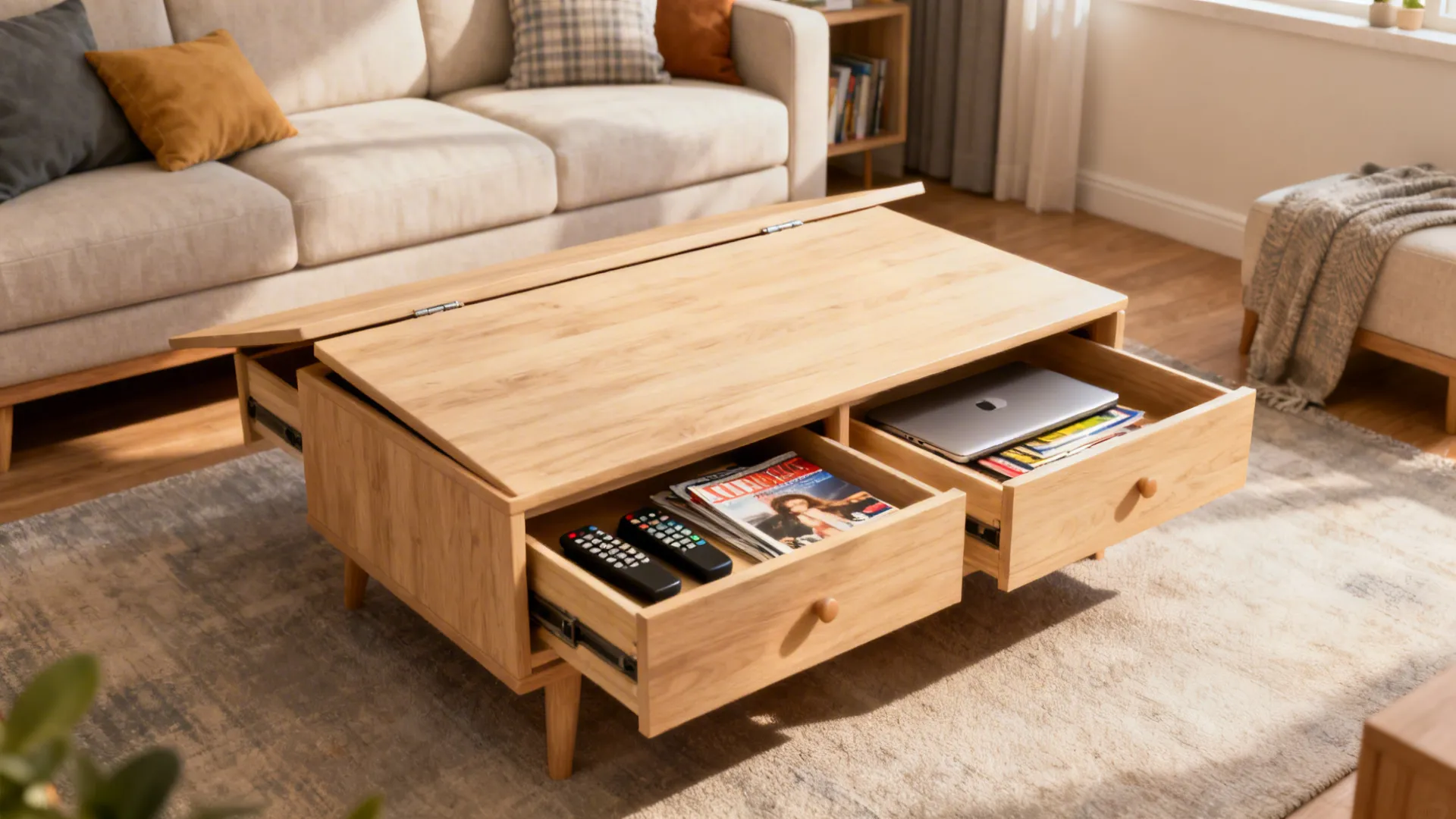 Storage coffee table with drawers and compartments in a small living room to hide clutter
