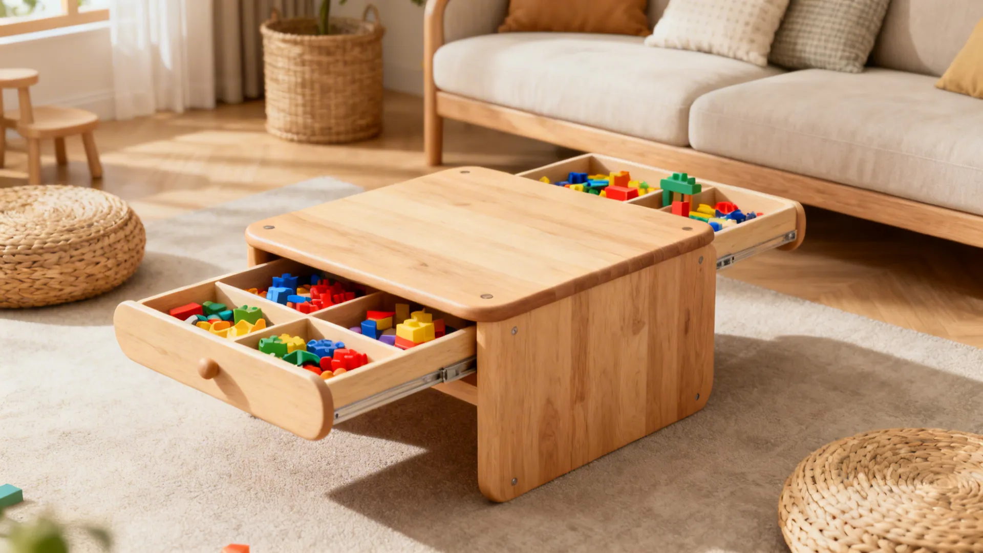 Wooden coffee table with two open drawers filled with colorful toy blocks on a rug
