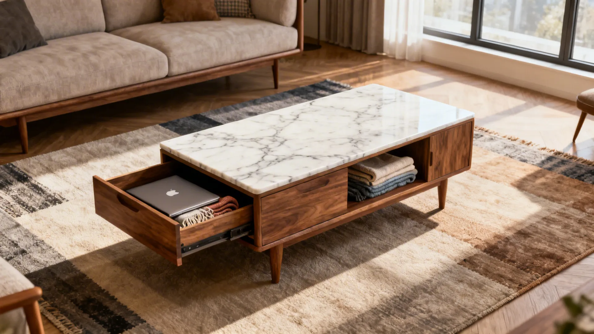 Modern wood coffee table with marble top featuring an open drawer holding a grey laptop