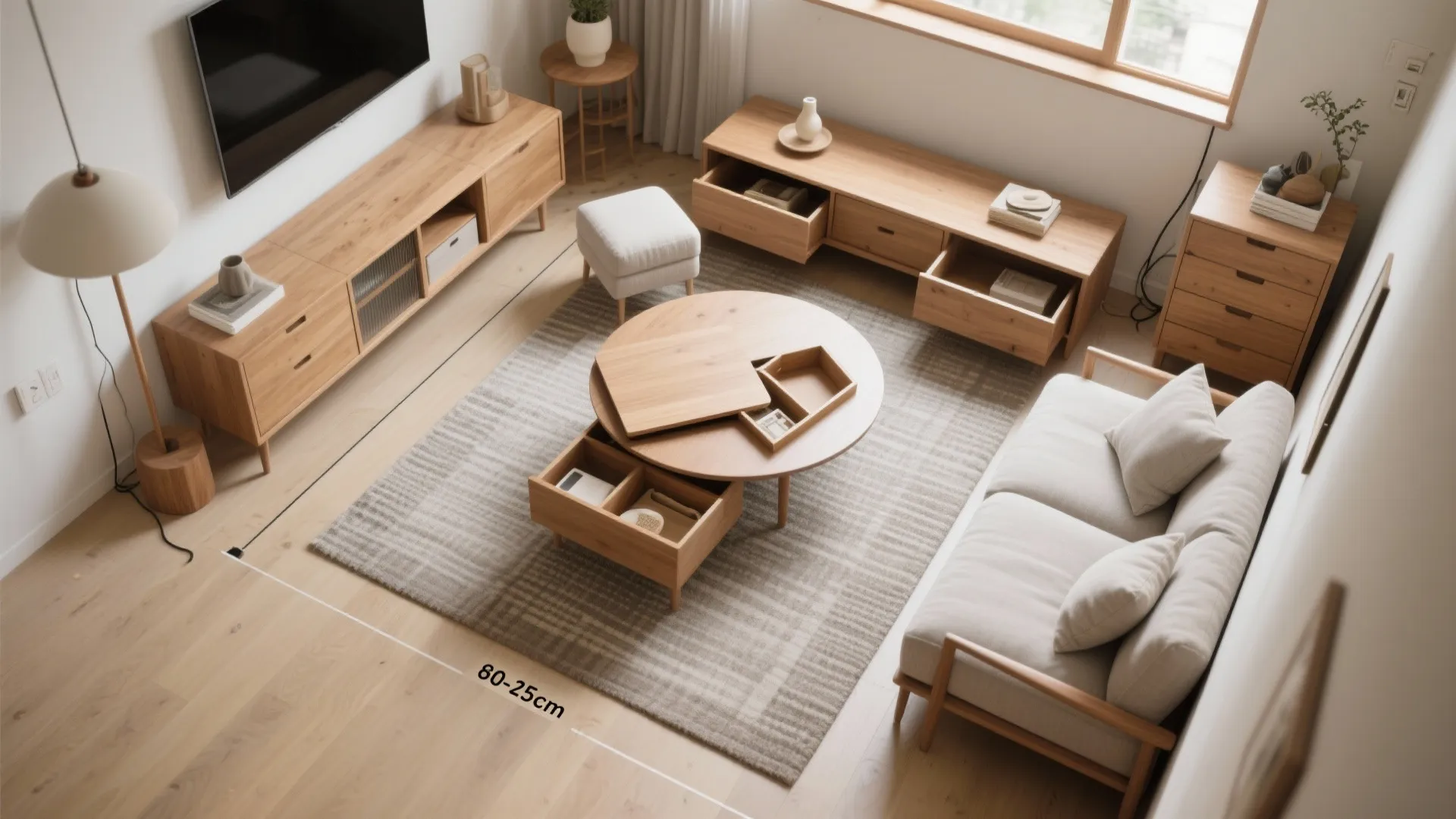 Storage-first coffee table and multi-use pieces