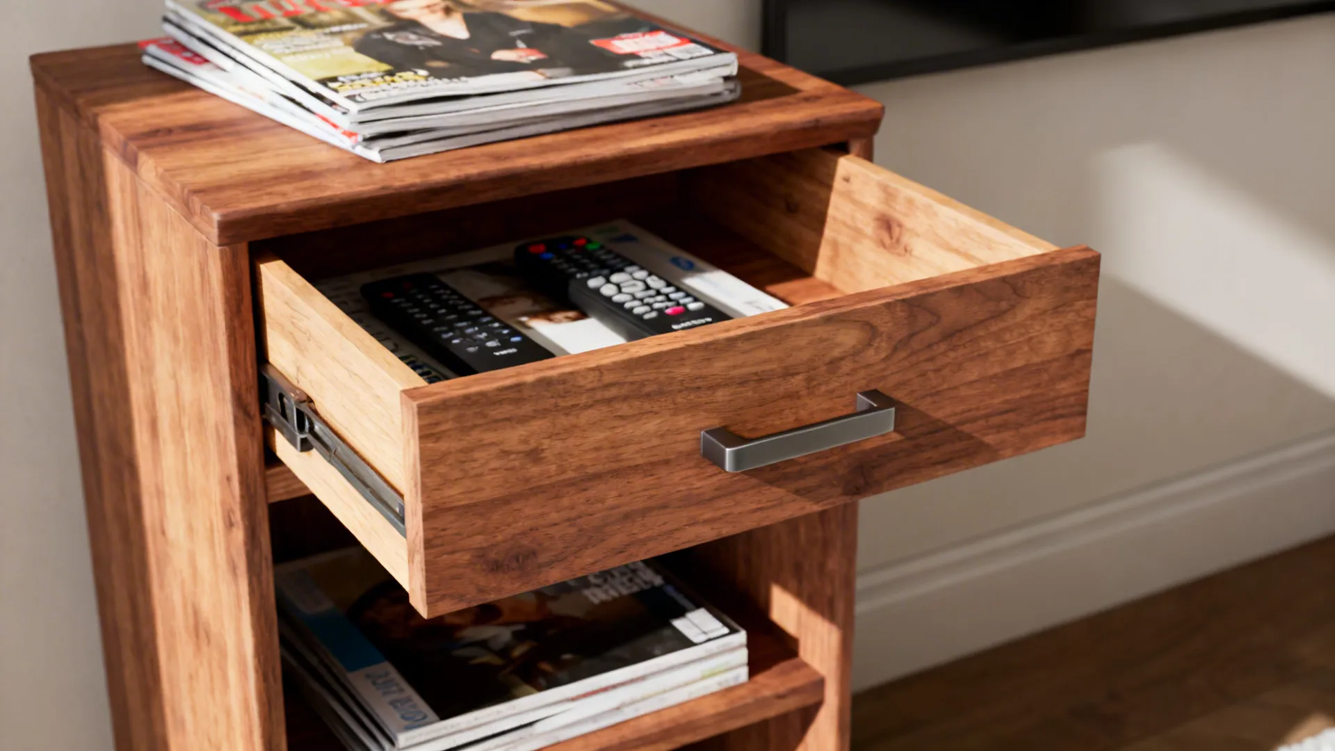 Wooden bedside cabinet with an open drawer containing remote controls and magazines on the storage shelves
