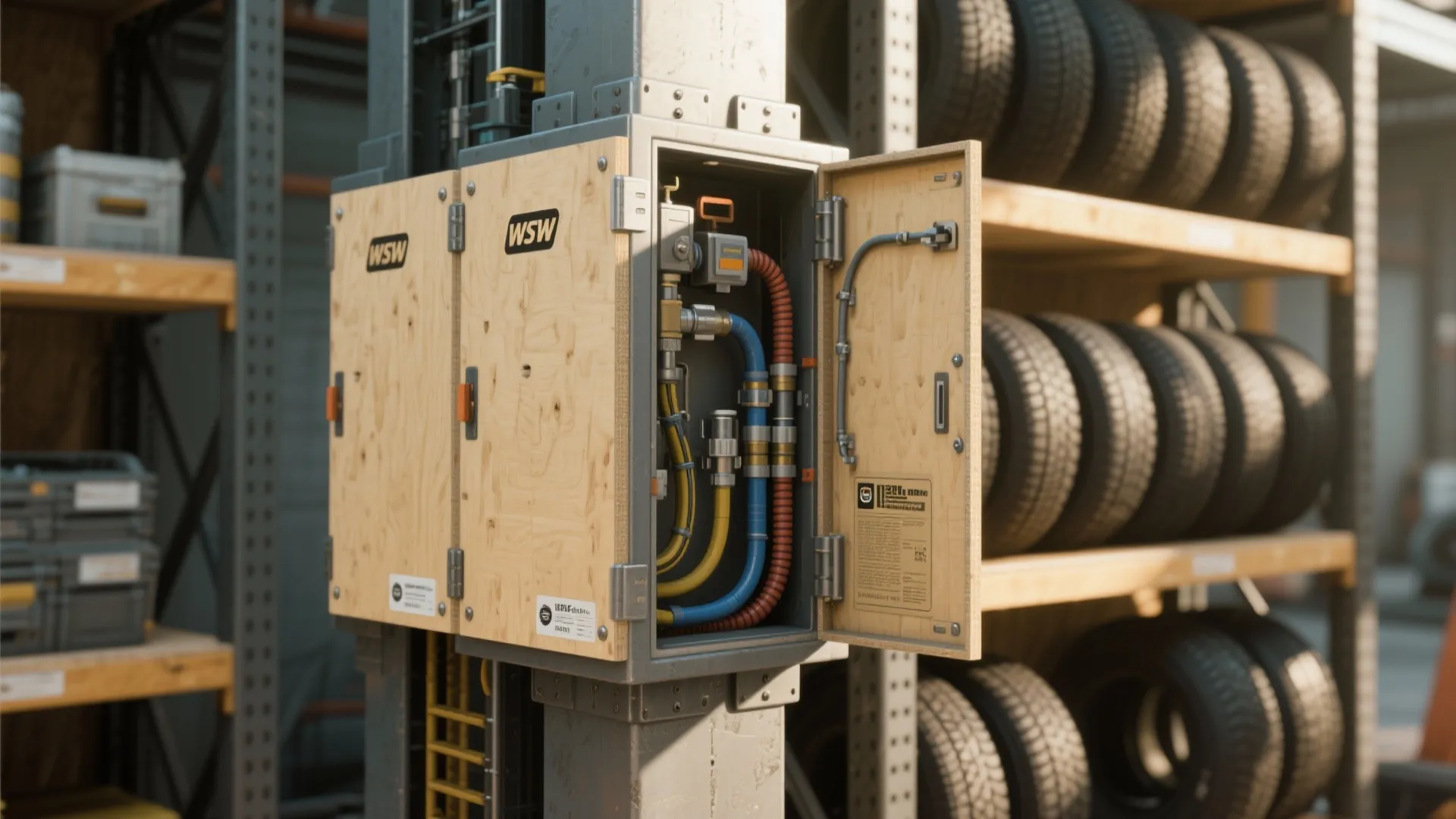 Open wooden control box showing colorful pipes and wires in a warehouse with stacked tires
